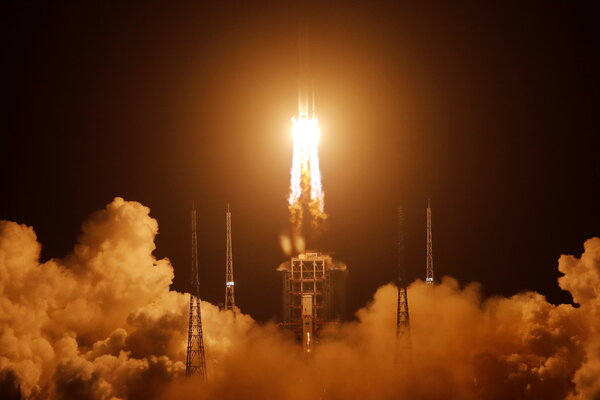 The Long March 5 rocket taking off from Wenchang Space Launch Center in Hainan province on Monday.